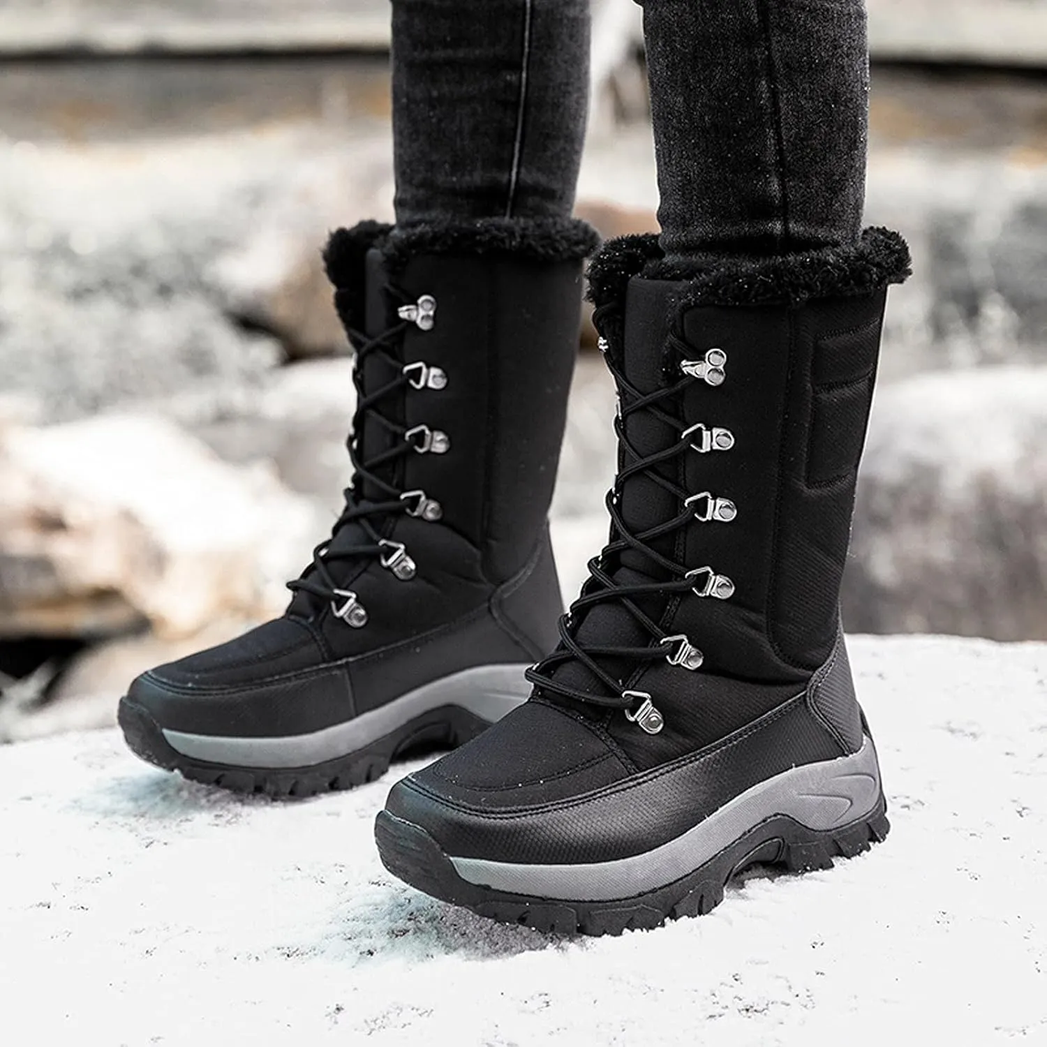 peqiut Womens Snow Boots Winter Snow Shoes Solid Round Toe Warm Winter Ankle Boots Non Slip Lace Up Outdoor Booties Comfort