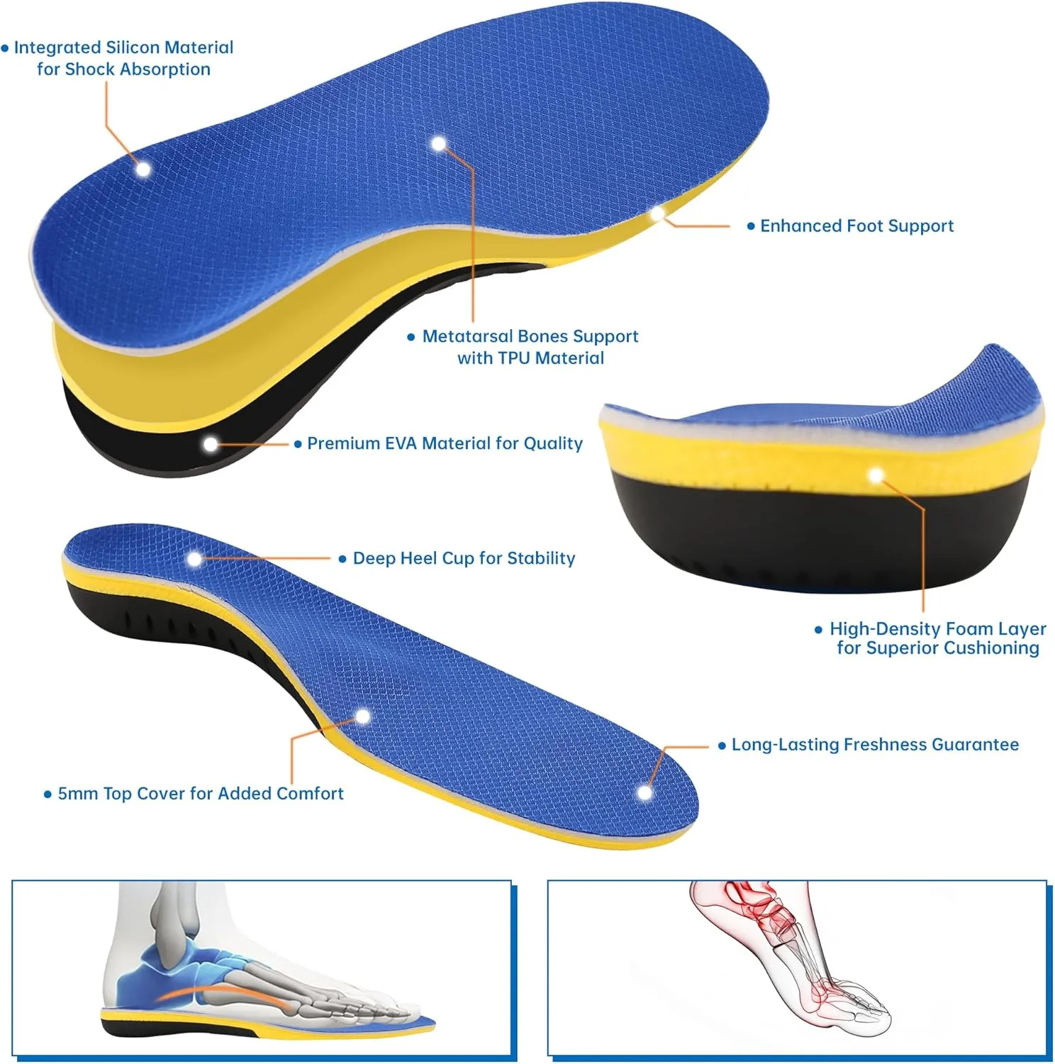 Plantar Fasciitis Insoles with High Arch Support, Shock-Absorbing, No Trimming Needed, Stability for Flat Feet and 250  Lbs Men's 14-14 1/2 Blue