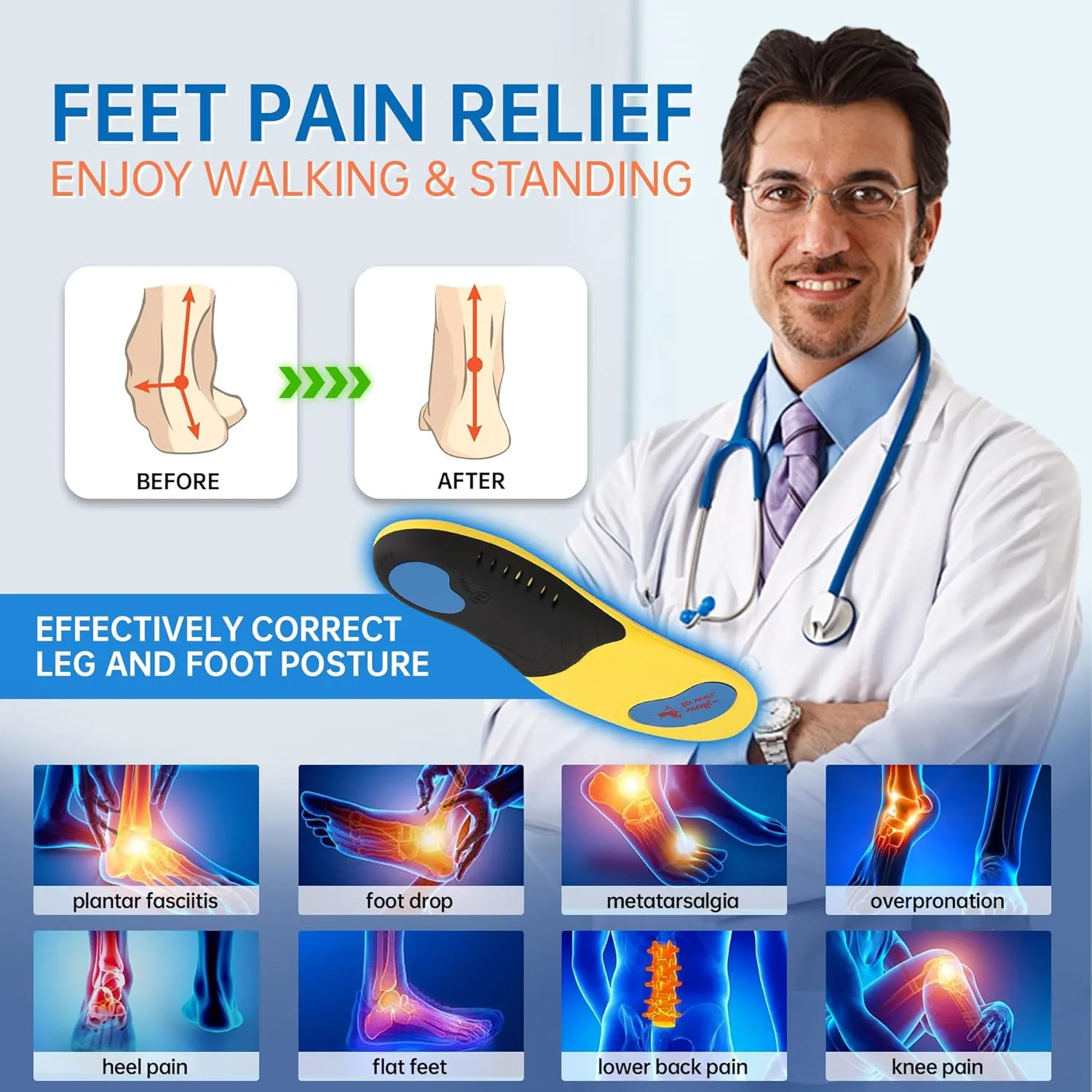 Plantar Fasciitis Insoles with High Arch Support, Shock-Absorbing, No Trimming Needed, Stability for Flat Feet and 250  Lbs Men's 14-14 1/2 Blue