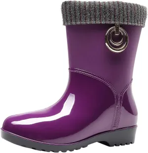 Punk Style Mid Warm Snow Boots Women's Rain Boots Outdoor Water Shoes Short Fuzzy Rain Boots