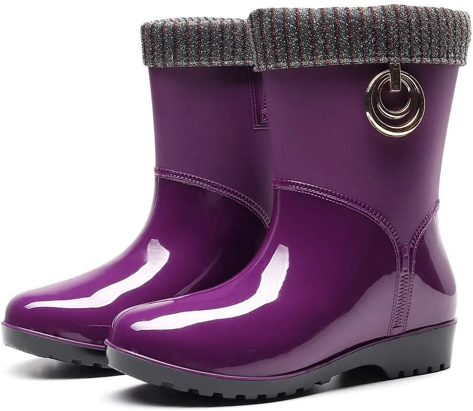 Punk Style Mid Warm Snow Boots Women's Rain Boots Outdoor Water Shoes Short Fuzzy Rain Boots