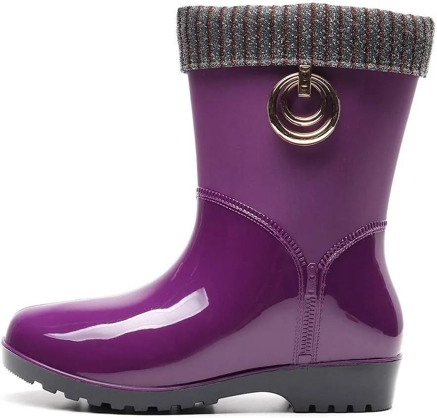 Punk Style Mid Warm Snow Boots Women's Rain Boots Outdoor Water Shoes Short Fuzzy Rain Boots