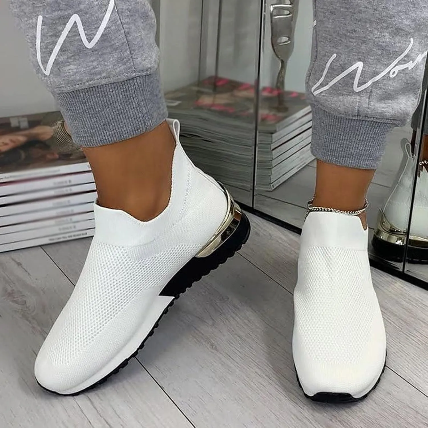 SBGMoSJ Womens Walking Shoes Slip On Sneakers Zapatos Confortables para Mujer Mayor Women's Black Tennis Shoes Size 7.5 Gym Shoes for Women Workout Indoor Cycling Shoes Women Size 5