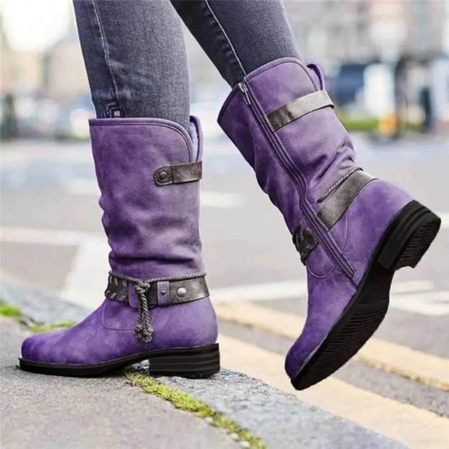 Shije Womens Snow Boots Belt Buckle Warm Waterproof Boots Leather Lace Up Side Zip Strap Buckle Winter Mid Calf Boots Warm Home Snow Boots