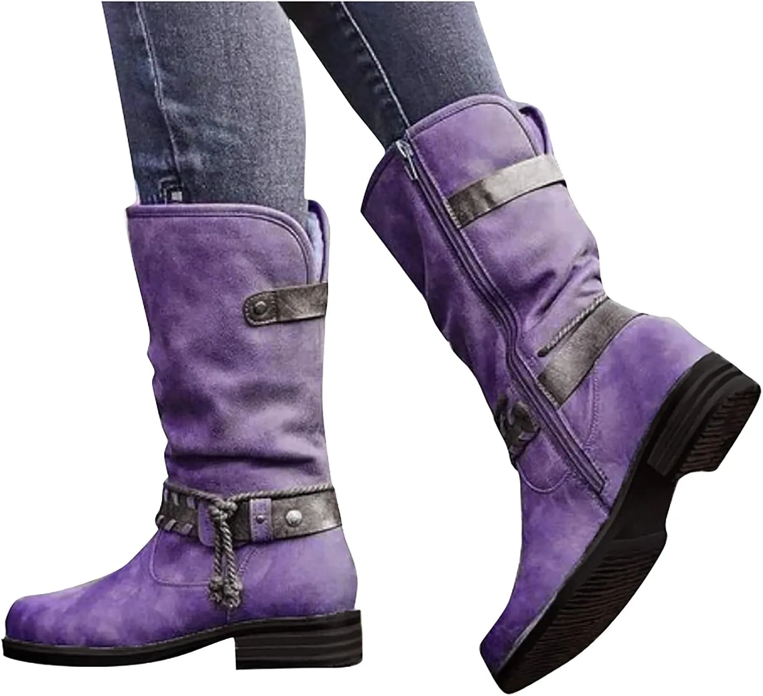 Shije Womens Snow Boots Belt Buckle Warm Waterproof Boots Leather Lace Up Side Zip Strap Buckle Winter Mid Calf Boots Warm Home Snow Boots