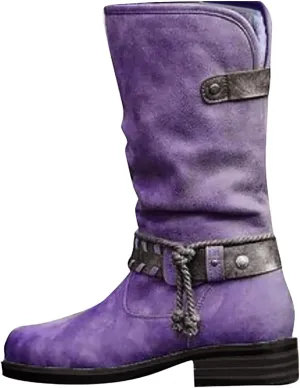 Shije Womens Snow Boots Belt Buckle Warm Waterproof Boots Leather Lace Up Side Zip Strap Buckle Winter Mid Calf Boots Warm Home Snow Boots