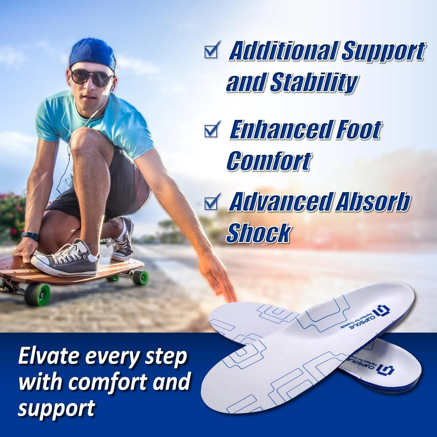 Skateboarding Shoe Insoles for Men, GED Sports Inserts for Skate Sneakers and Athletic Activity, Orthotic Insoles for Stability, Cushioning, Shock Absorbing, Arch Support, Protection （US 9-9.5）