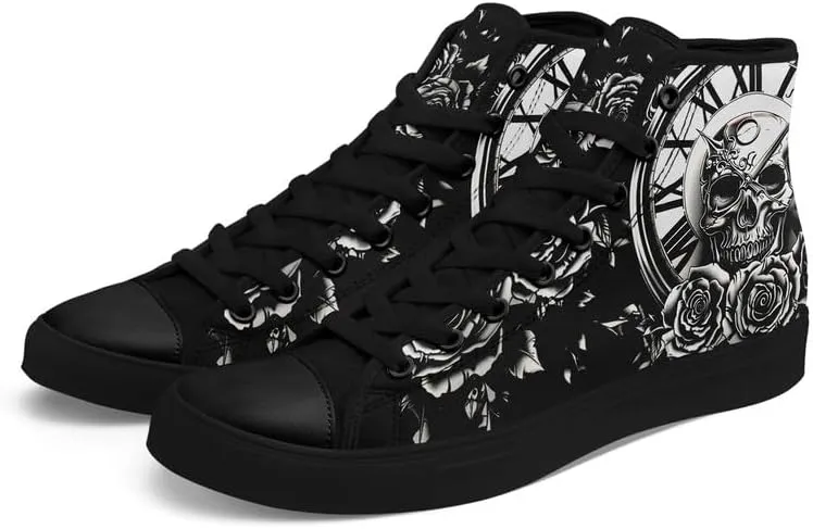 Skull High Top Sneaker for Men Women Fashion Rose Gothic Black Canvas Shoes Unisex Lace Up Casual Tennis Walking Flat Shoes
