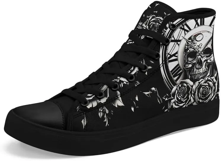 Skull High Top Sneaker for Men Women Fashion Rose Gothic Black Canvas Shoes Unisex Lace Up Casual Tennis Walking Flat Shoes