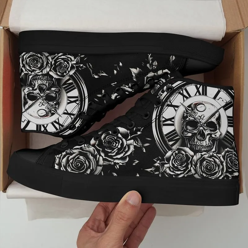 Skull High Top Sneaker for Men Women Fashion Rose Gothic Black Canvas Shoes Unisex Lace Up Casual Tennis Walking Flat Shoes