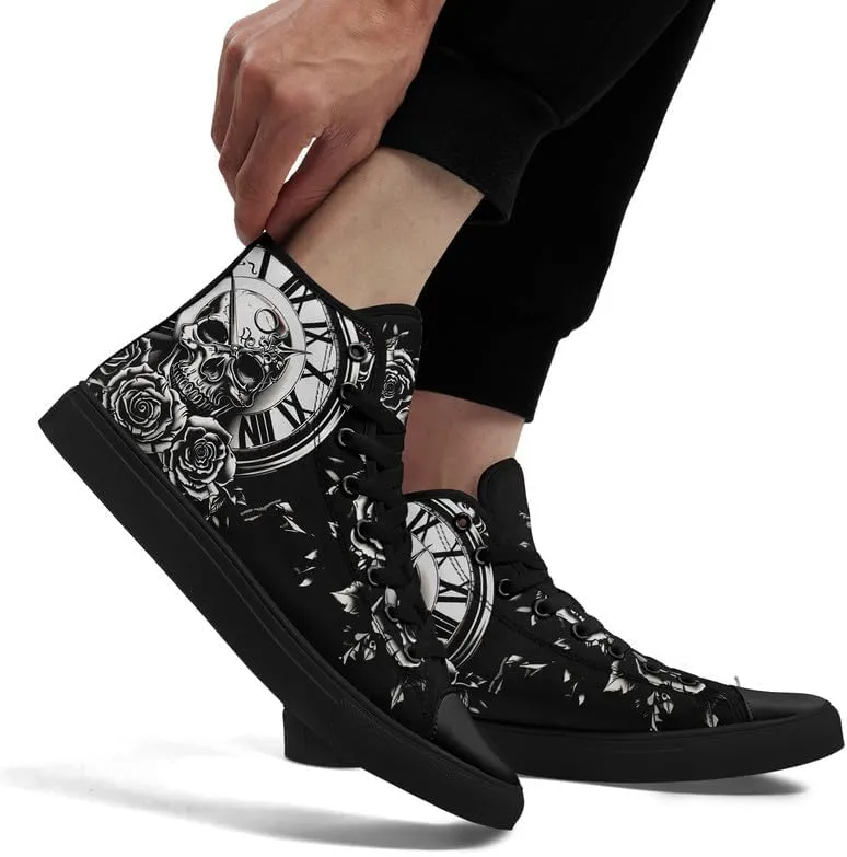 Skull High Top Sneaker for Men Women Fashion Rose Gothic Black Canvas Shoes Unisex Lace Up Casual Tennis Walking Flat Shoes