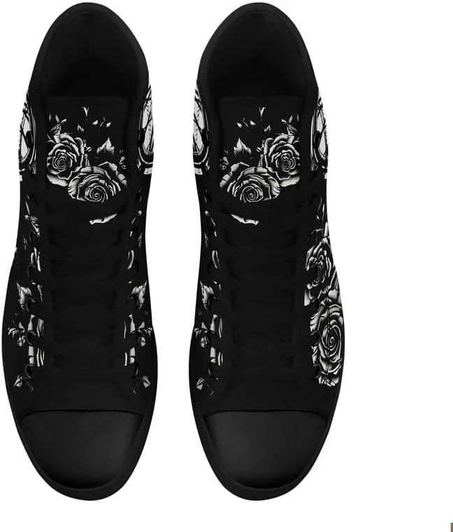 Skull High Top Sneaker for Men Women Fashion Rose Gothic Black Canvas Shoes Unisex Lace Up Casual Tennis Walking Flat Shoes