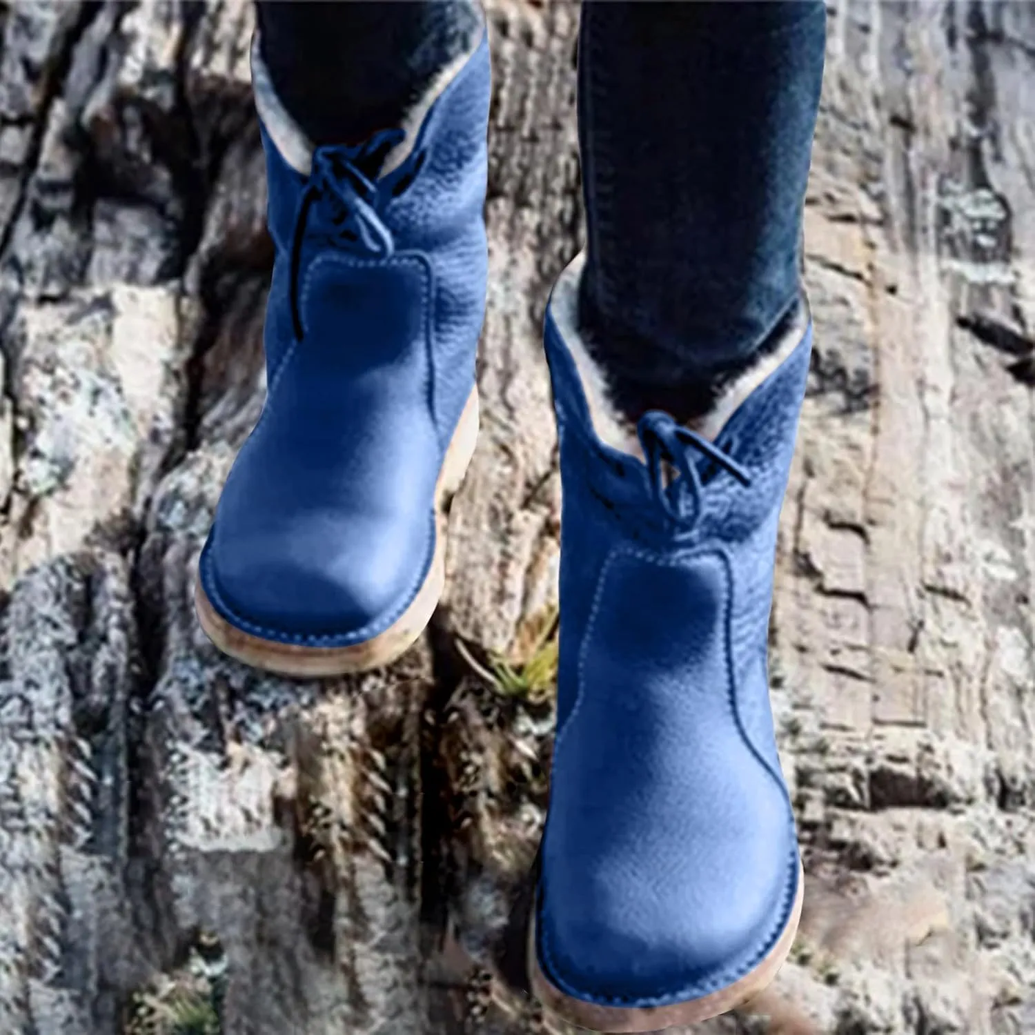 Snow Boots for Women Flat Heel Round Toe Casual Boots Front Lace Up Low Solid Color Large Size Winter Snow Boots