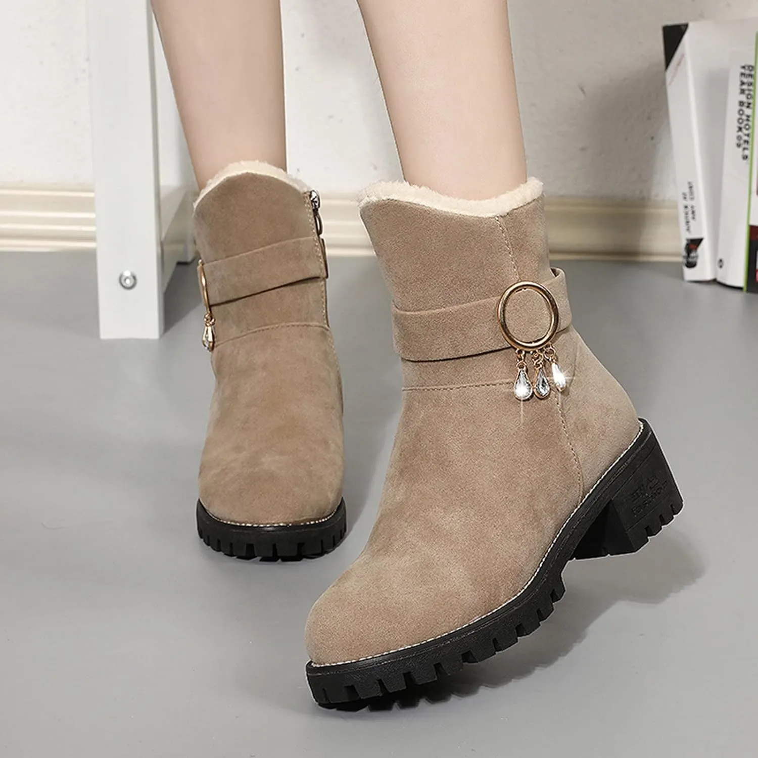 Snow Boots for Women Mid Calf Boots Non-Slip Sole Solid Color Plush Warm Suede Side Zipper Rhinestone Snow Boots
