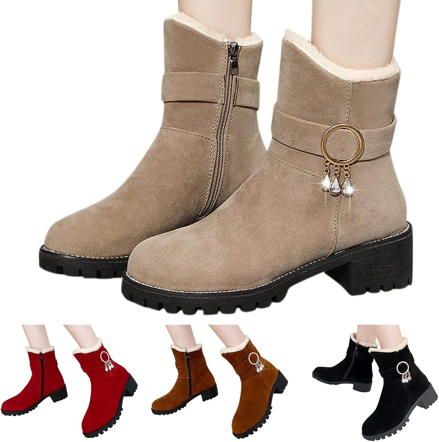 Snow Boots for Women Mid Calf Boots Non-Slip Sole Solid Color Plush Warm Suede Side Zipper Rhinestone Snow Boots