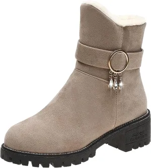 Snow Boots for Women Mid Calf Boots Non-Slip Sole Solid Color Plush Warm Suede Side Zipper Rhinestone Snow Boots