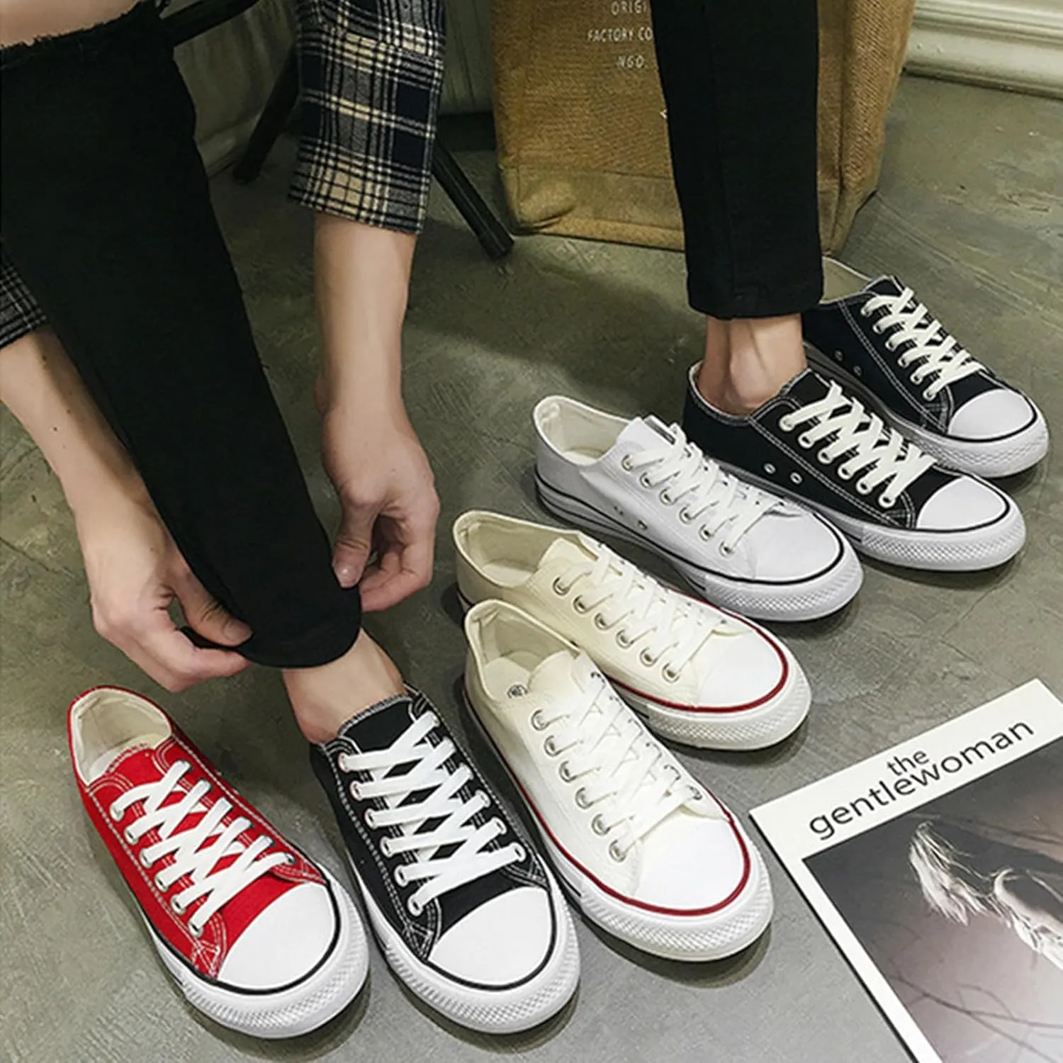 Unisex Canvas Shoes, Low Top Lace Up Fashion Casual Sneakers, Black and White, Women's 10/Men's 8.5