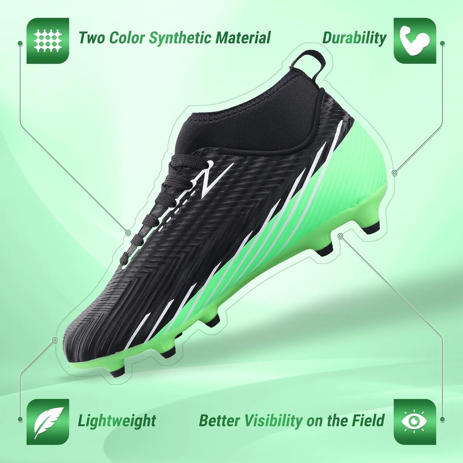 Vizari Tesoro Junior FG Boys and Girls Soccer Cleats | Mid-Cut High Ankle Soccer Shoes with Attached Sock | Professional Spikes High Top Kids Football Cleats for Wide Feet
