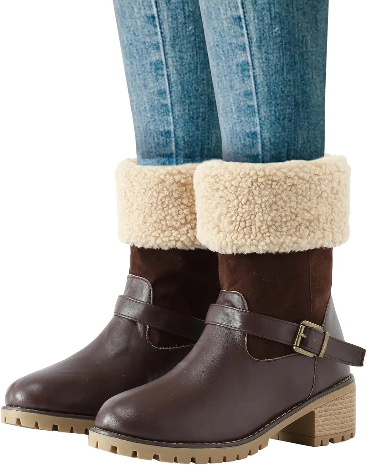 Winter Snow Boots for Women Block Heel Boots Female Mid Calf Boots Winter Warm Cotton Lace up Comfortable Boots