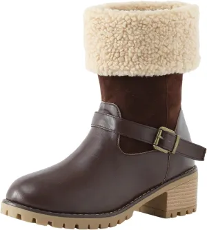 Winter Snow Boots for Women Block Heel Boots Female Mid Calf Boots Winter Warm Cotton Lace up Comfortable Boots