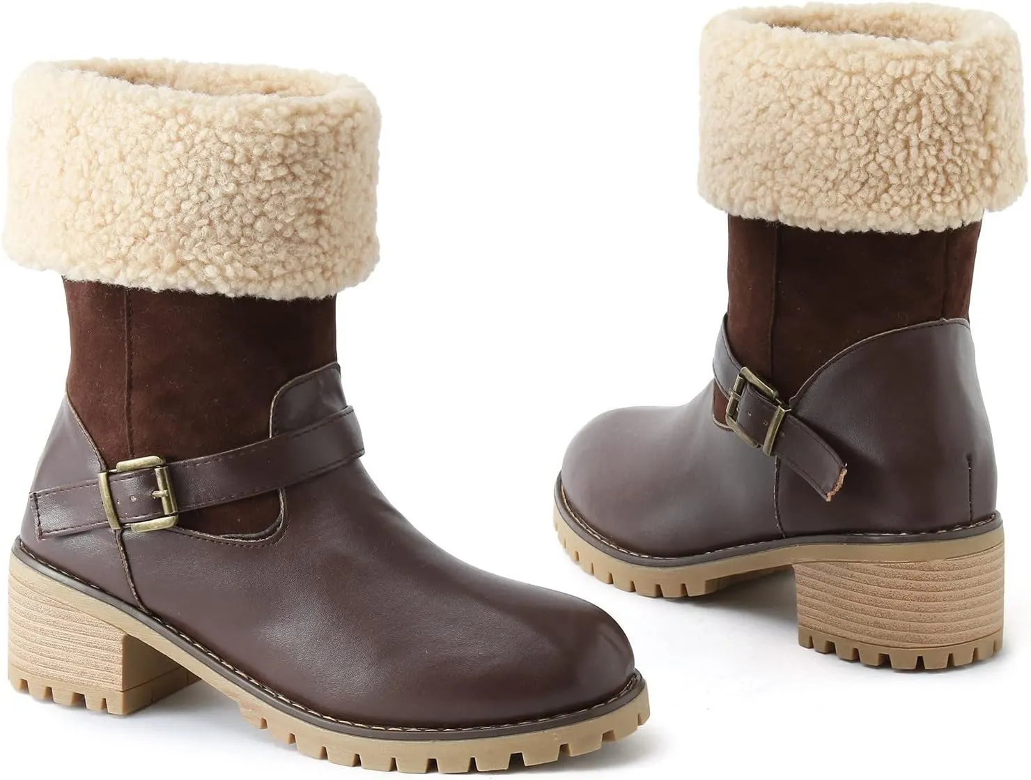 Winter Snow Boots for Women Block Heel Boots Female Mid Calf Boots Winter Warm Cotton Lace up Comfortable Boots