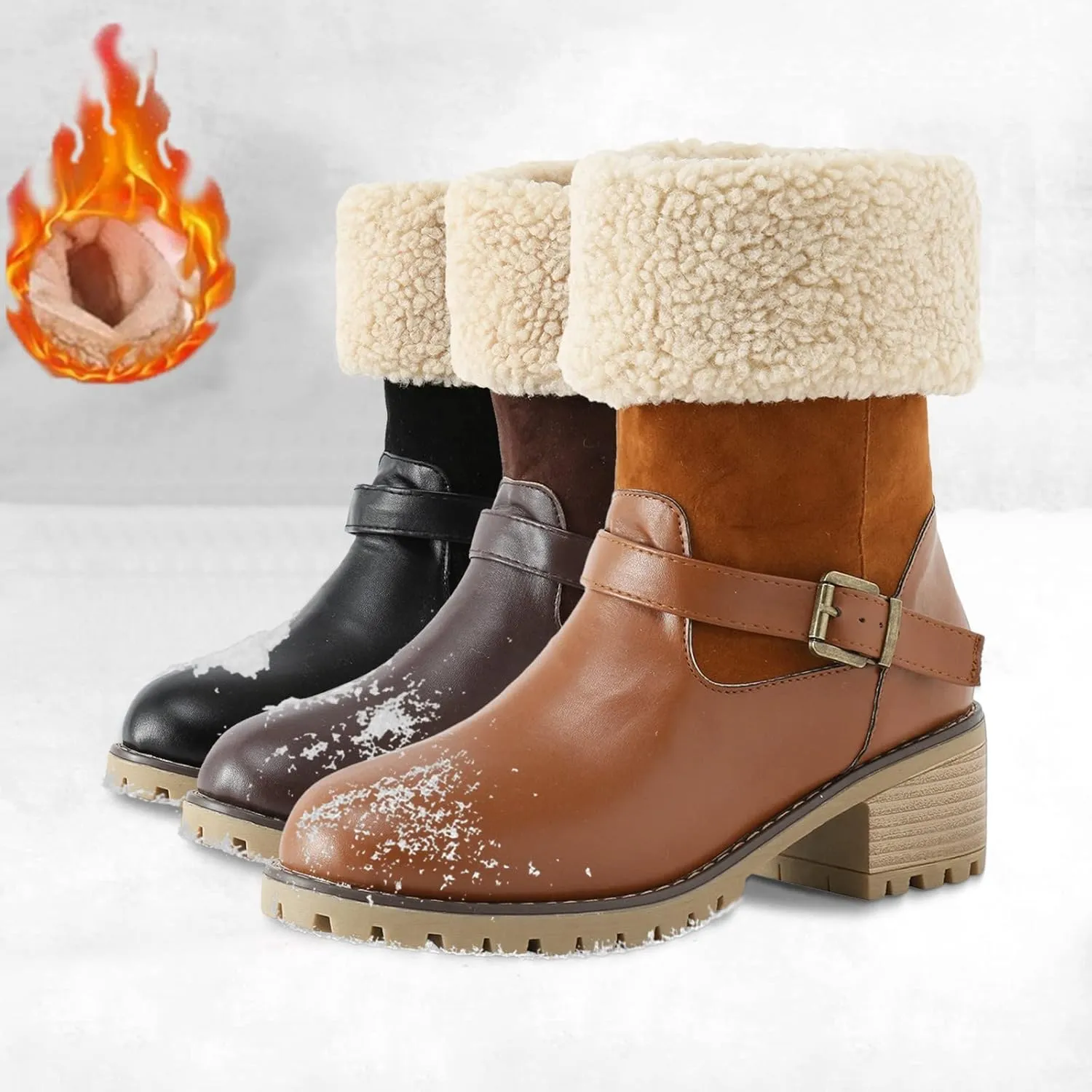 Winter Snow Boots for Women Block Heel Boots Female Mid Calf Boots Winter Warm Cotton Lace up Comfortable Boots