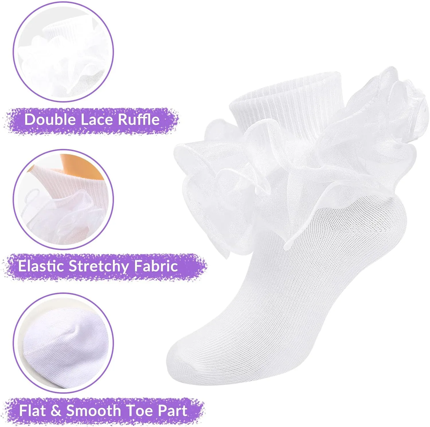 Witwot 3 Pairs Girls Ruffle Socks Toddler Double Lace Frilly Pageant Dress Sock Turn Cuff Socks