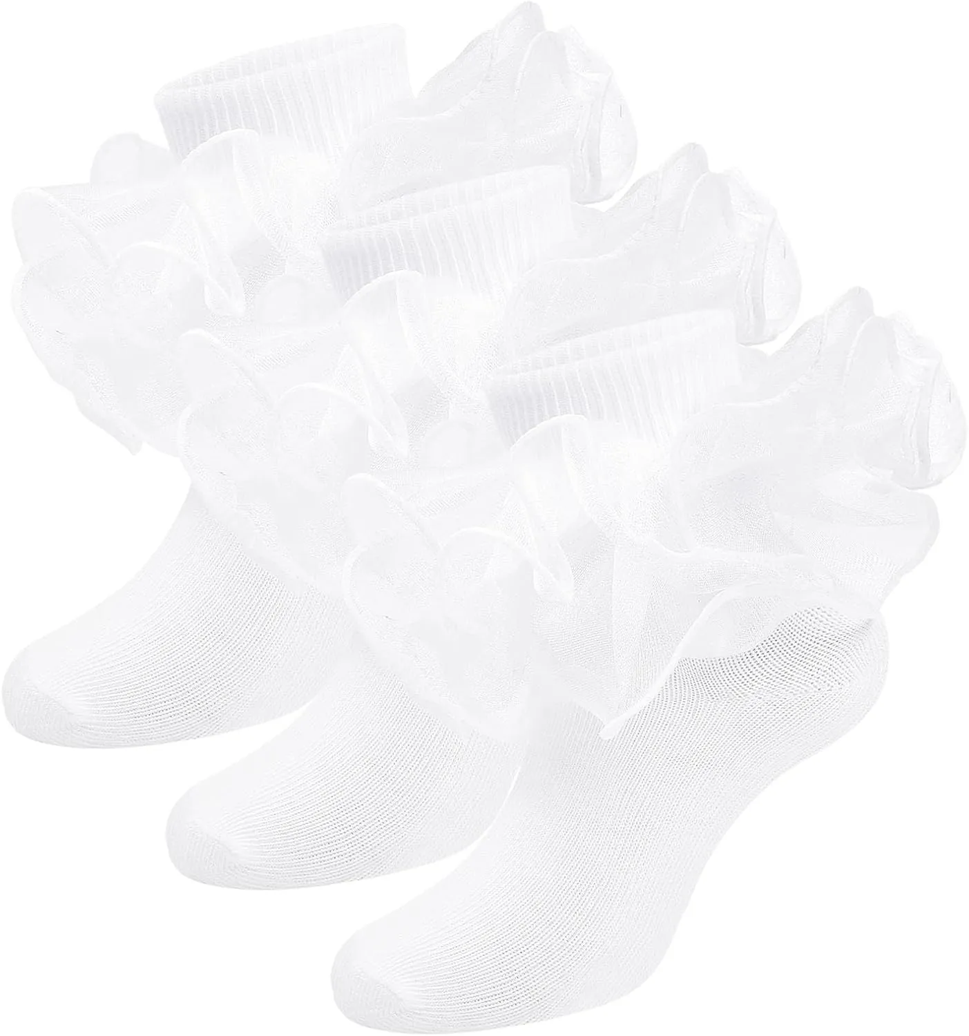 Witwot 3 Pairs Girls Ruffle Socks Toddler Double Lace Frilly Pageant Dress Sock Turn Cuff Socks