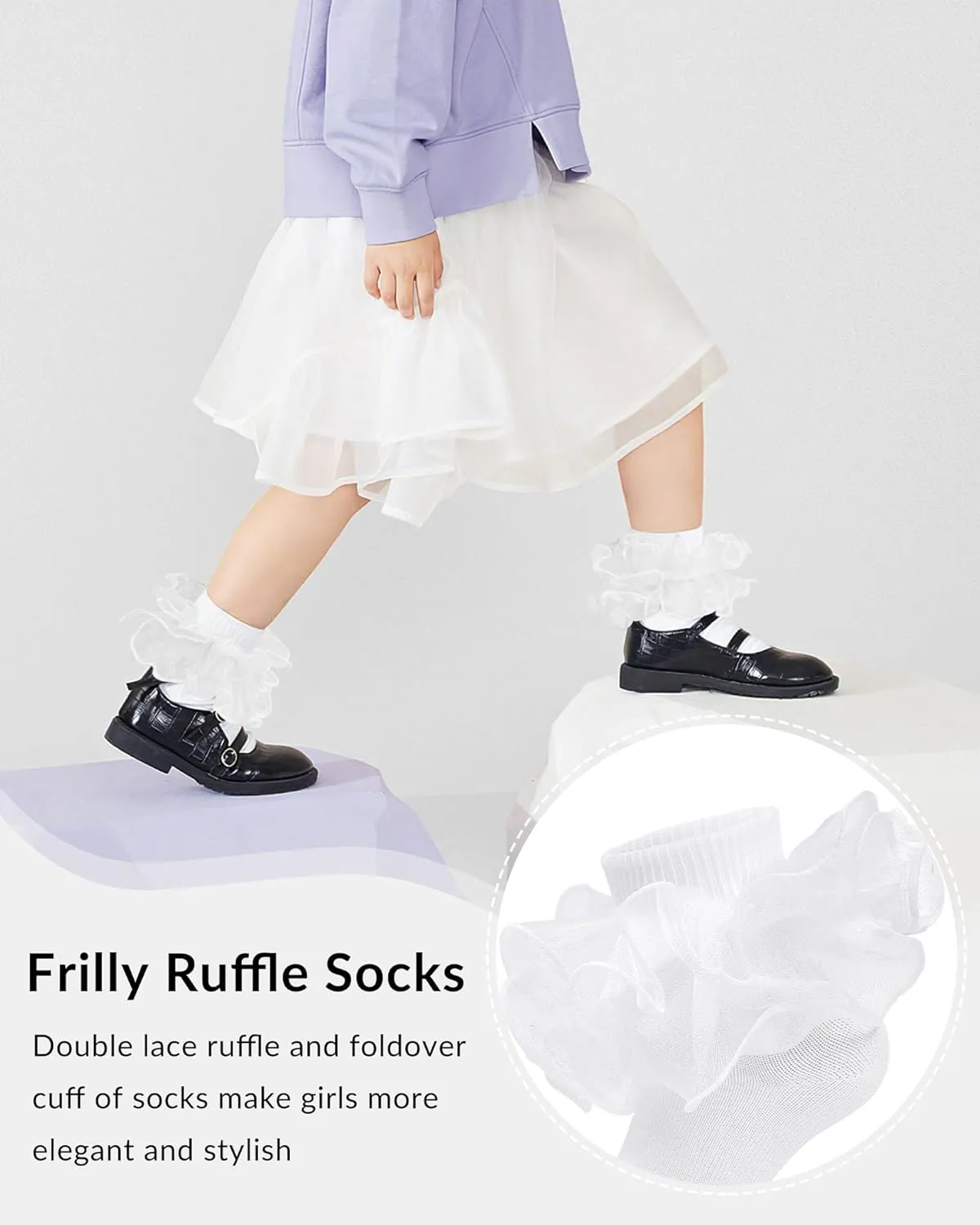 Witwot 3 Pairs Girls Ruffle Socks Toddler Double Lace Frilly Pageant Dress Sock Turn Cuff Socks