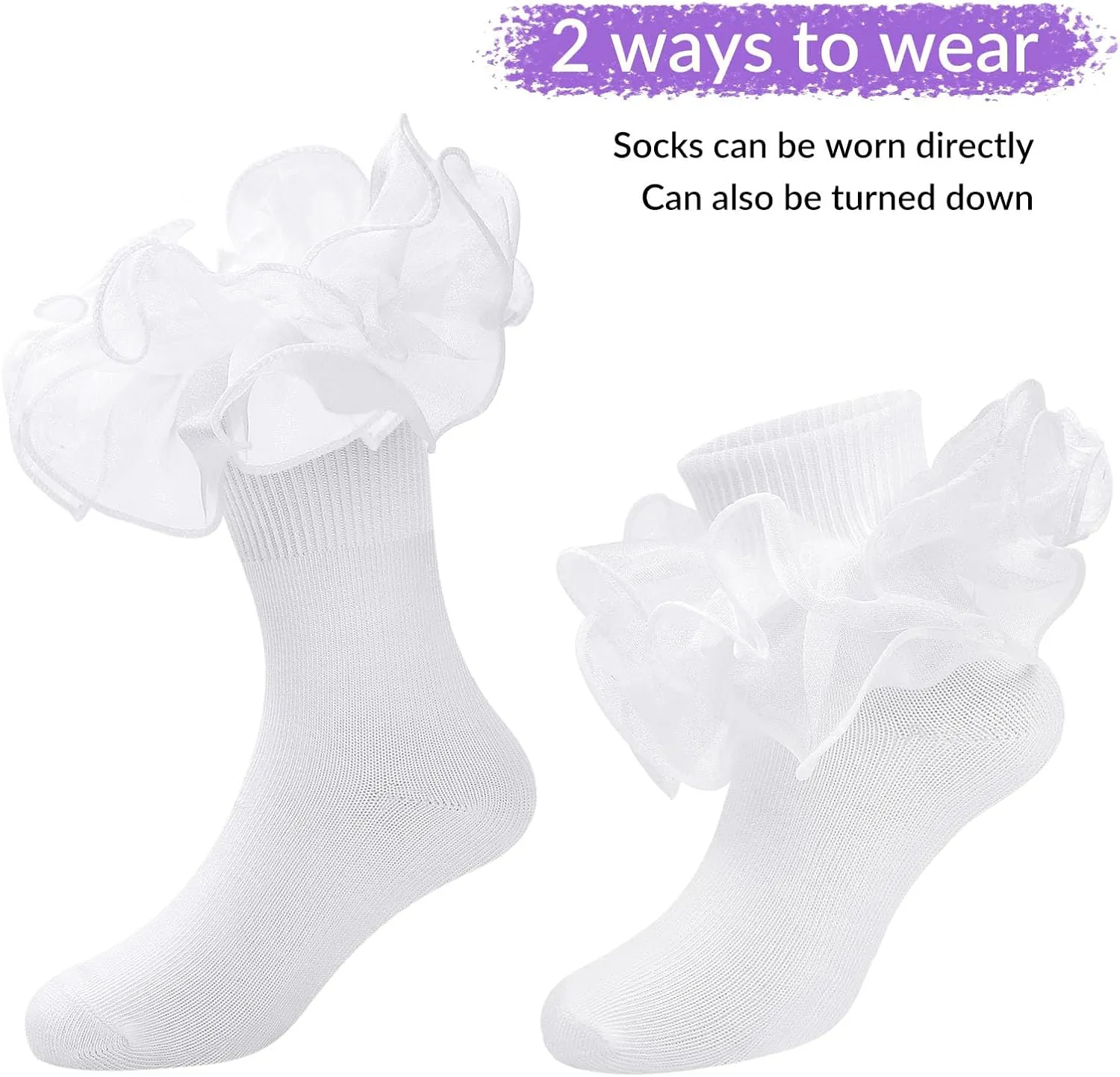 Witwot 3 Pairs Girls Ruffle Socks Toddler Double Lace Frilly Pageant Dress Sock Turn Cuff Socks