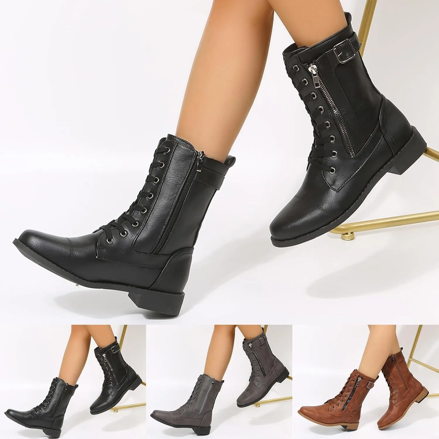 Women Bootie Mid Calf Fashion Dressy Boots for Women Solid Color Side Zipper Low and Square Heels Mid Calf Boots