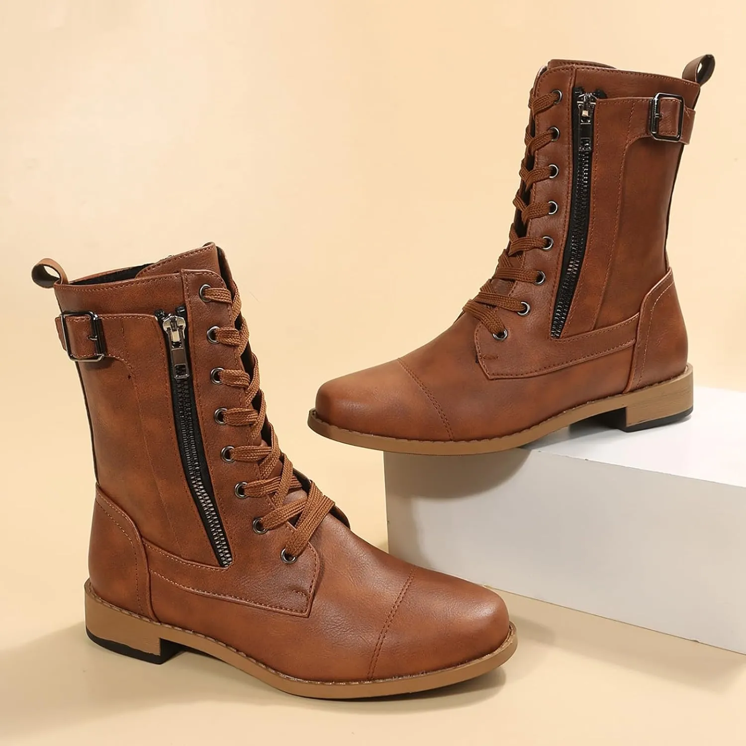 Women Bootie Mid Calf Fashion Dressy Boots for Women Solid Color Side Zipper Low and Square Heels Mid Calf Boots