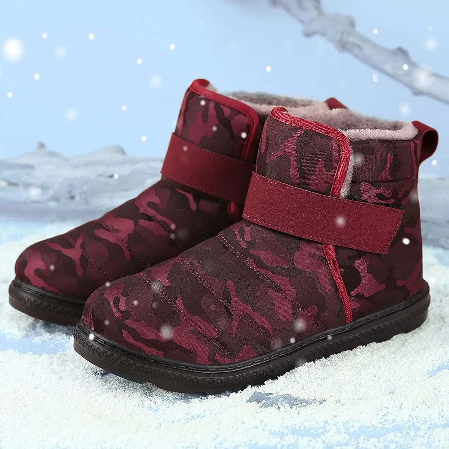 Women Snow Boots Winter Shoes with Fleece Lined Warm Slip On Boots for Women Water-proof Booties Comfortable Outdoor Anti Slip Shoes Platform Boots Fuzzy Ankle Booties with Hook Loop