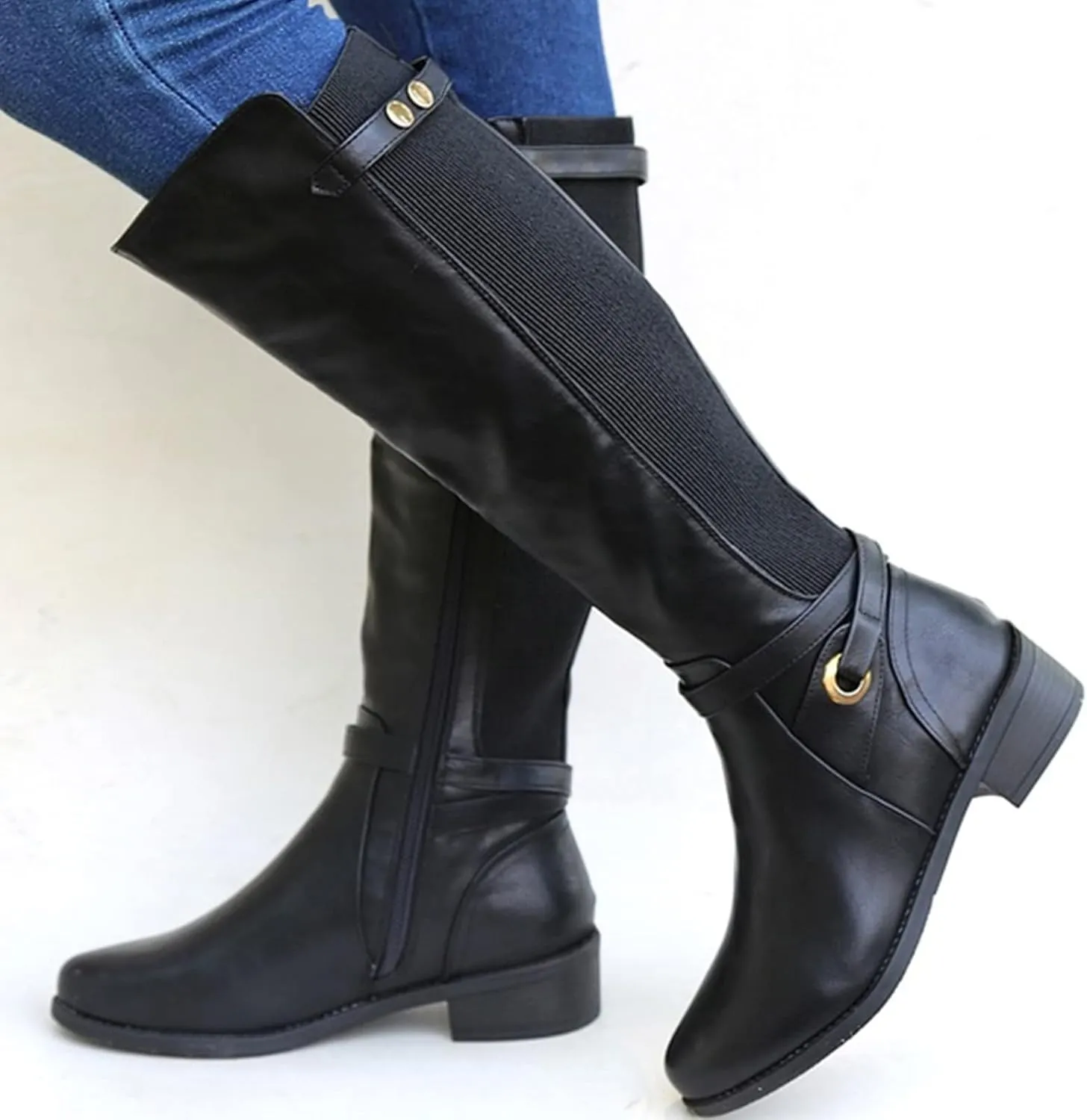 Womens Boots Exquisite Leather Side Zipper Chunky Heel Boots for Women Elegant Buckle Cozy Winter Mid-Calf Boots