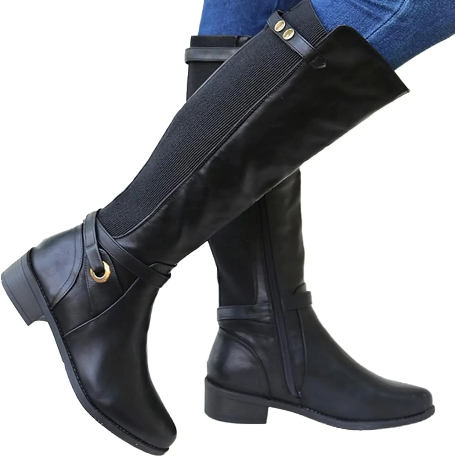 Womens Boots Exquisite Leather Side Zipper Chunky Heel Boots for Women Elegant Buckle Cozy Winter Mid-Calf Boots