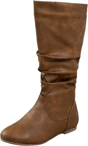 Womens Boots Fashion Side Zipper Thick Heels Retro Boots for Women Round Head Pleated PU Leather Mid-Calf Boots