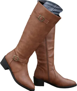 Womens Boots Pointed Toe Chunky Heel Buckle Straps Boots for Women Solid Color Zipper Fall Trendy Knee High Boots