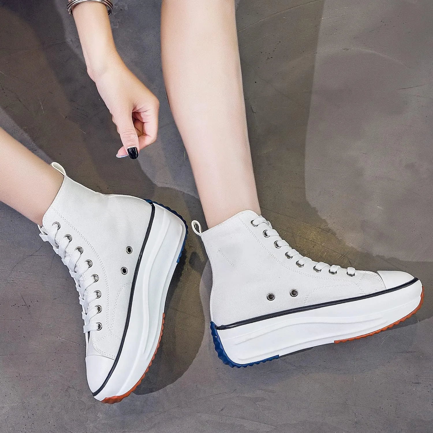 Women's Canvas Casual Shoes Dating Platform Slip-On High Top Sneakers Rubber Sole Wedge High Top Fashion Sneakers