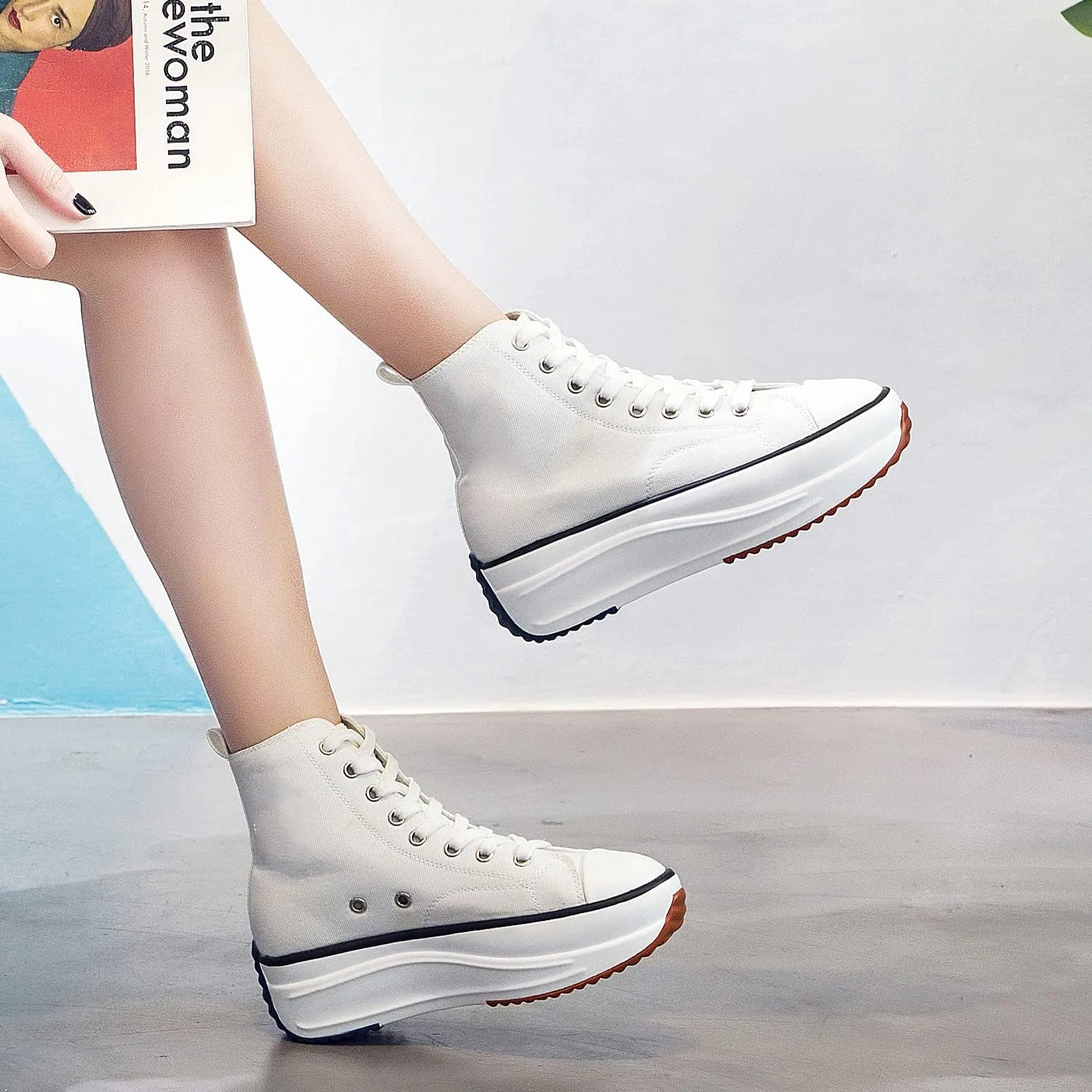 Women's Canvas Casual Shoes Dating Platform Slip-On High Top Sneakers Rubber Sole Wedge High Top Fashion Sneakers