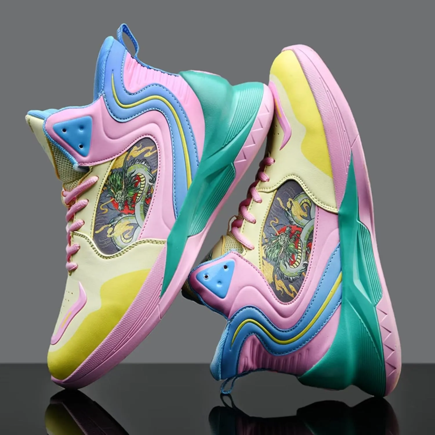 Womens Fashion Graffiti Leather High Top Basketball Shoes Lace Up Casual Non-Slip Tennis Travel Combat Training Shoes