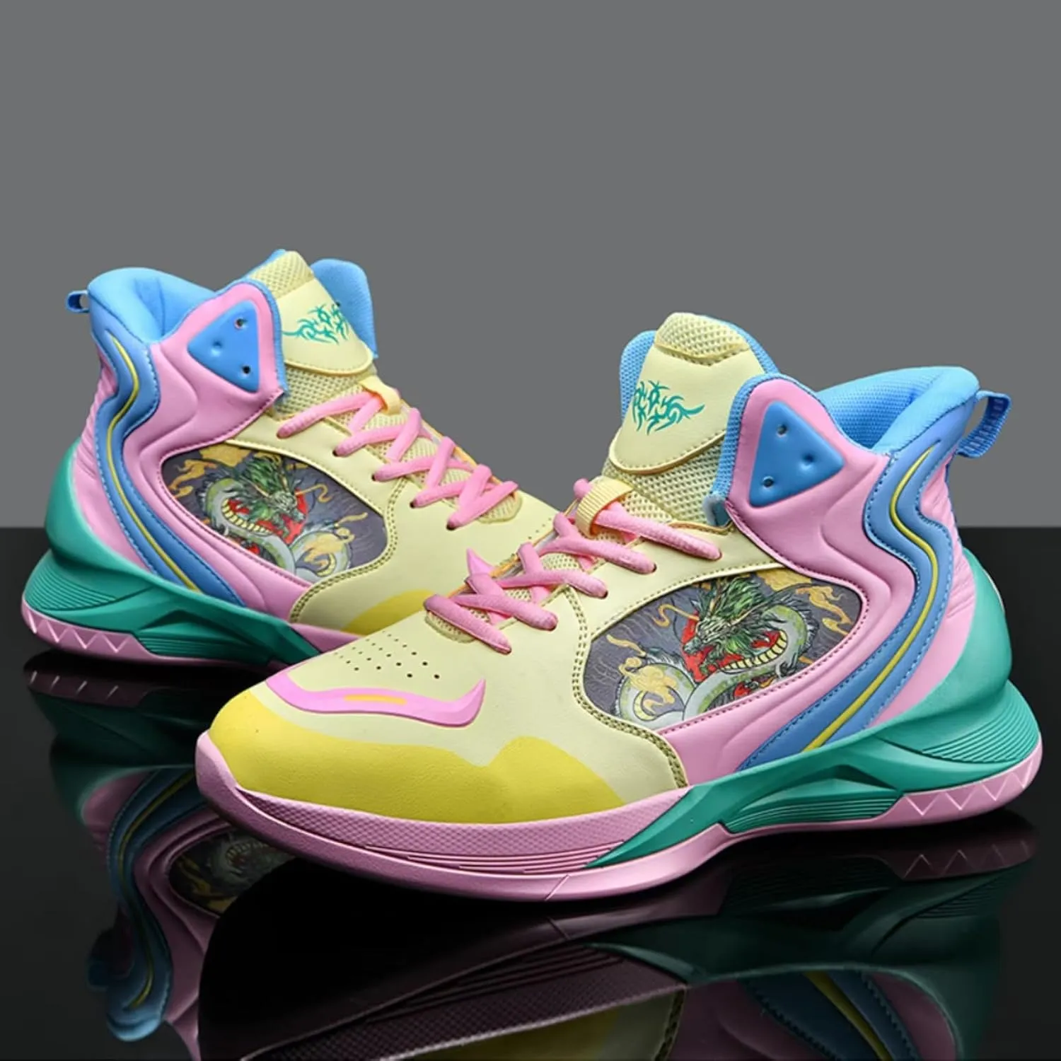 Womens Fashion Graffiti Leather High Top Basketball Shoes Lace Up Casual Non-Slip Tennis Travel Combat Training Shoes