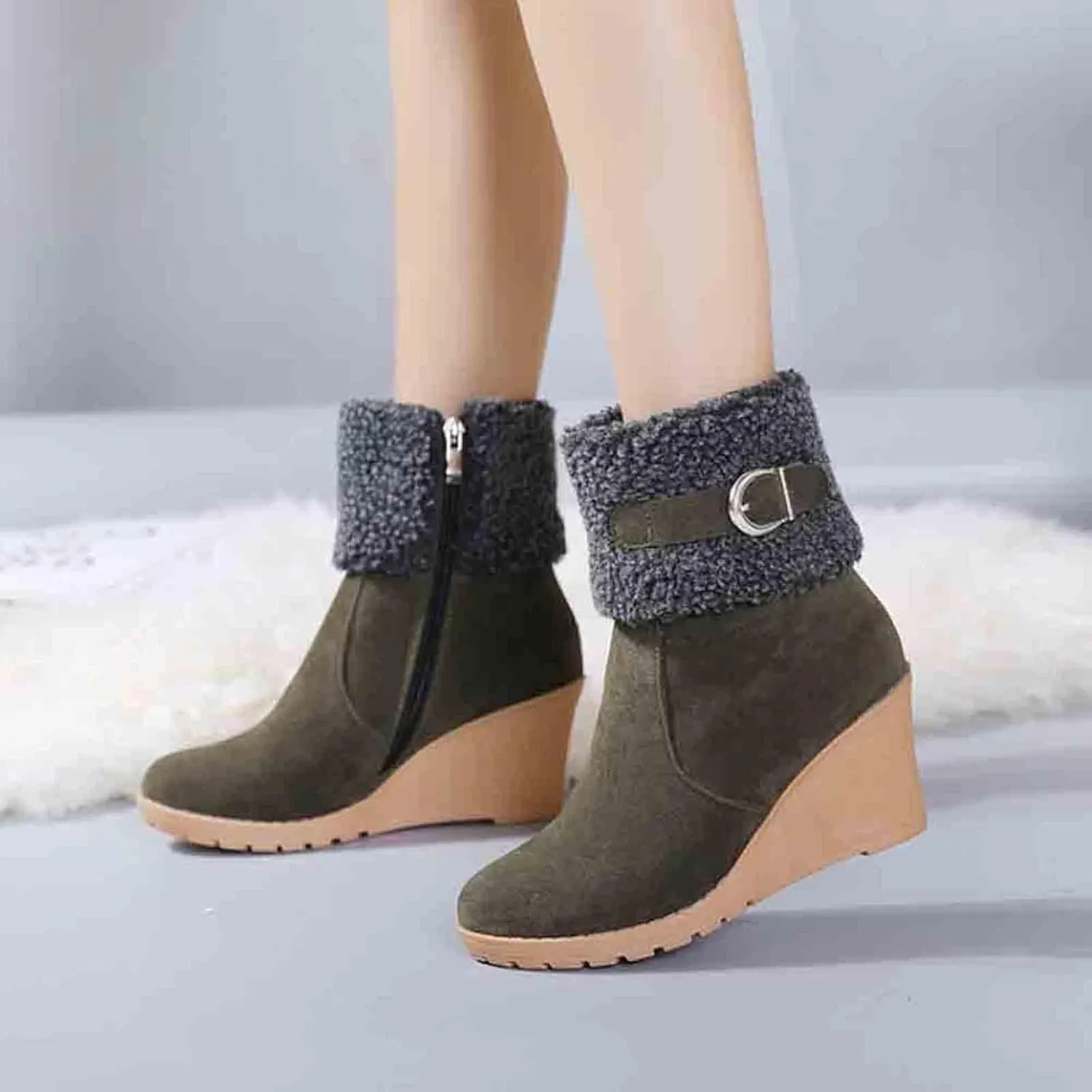 Women's Furry Boots Fashion Wedge Snow Boots Frosted Mid Calf Boots Belt Side Zipper Warm Winter Snow Boots