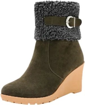 Women's Furry Boots Fashion Wedge Snow Boots Frosted Mid Calf Boots Belt Side Zipper Warm Winter Snow Boots