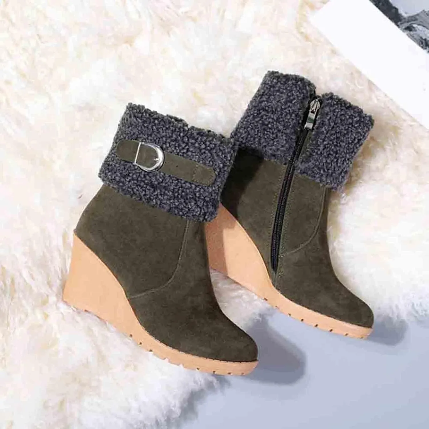 Women's Furry Boots Fashion Wedge Snow Boots Frosted Mid Calf Boots Belt Side Zipper Warm Winter Snow Boots