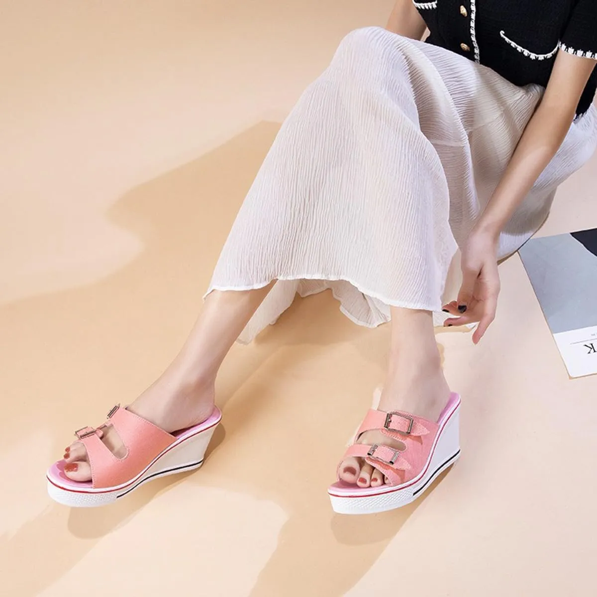 Women's Sneaker Shoes High Heel Fashionable Canvas Shoes High Tube Lace Up Wedge Edge Zipper Slope Angle Shoes Size 4-11