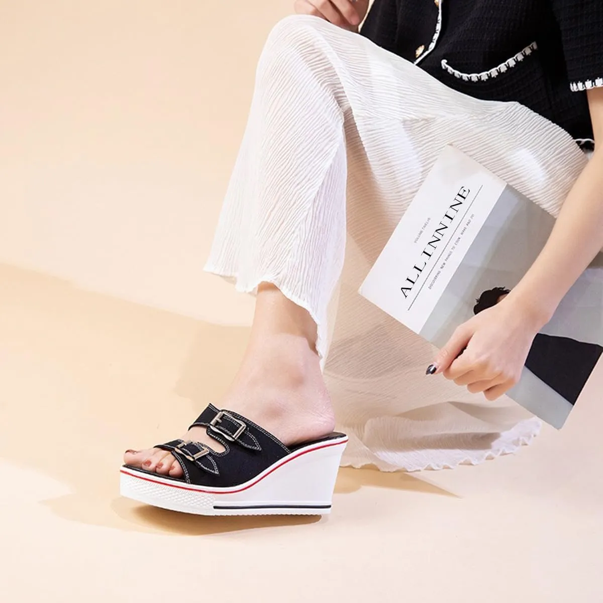 Women's Sneaker Shoes High Heel Fashionable Canvas Shoes High Tube Lace Up Wedge Edge Zipper Slope Angle Shoes Size 4-11