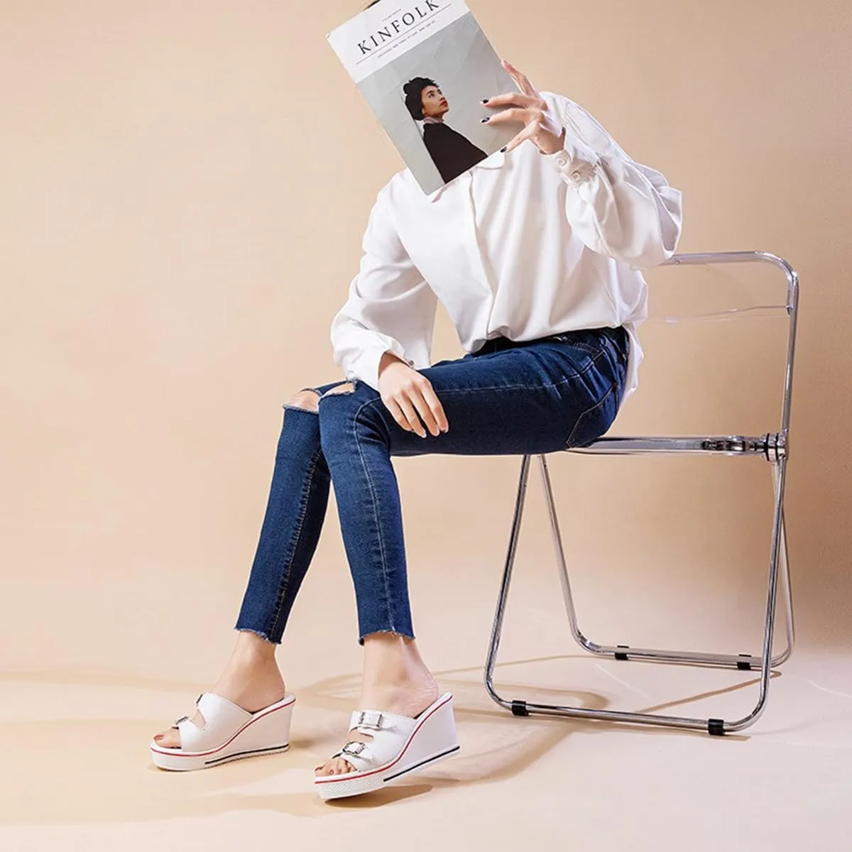 Women's Sneaker Shoes High Heel Fashionable Canvas Shoes High Tube Lace Up Wedge Edge Zipper Slope Angle Shoes Size 4-11
