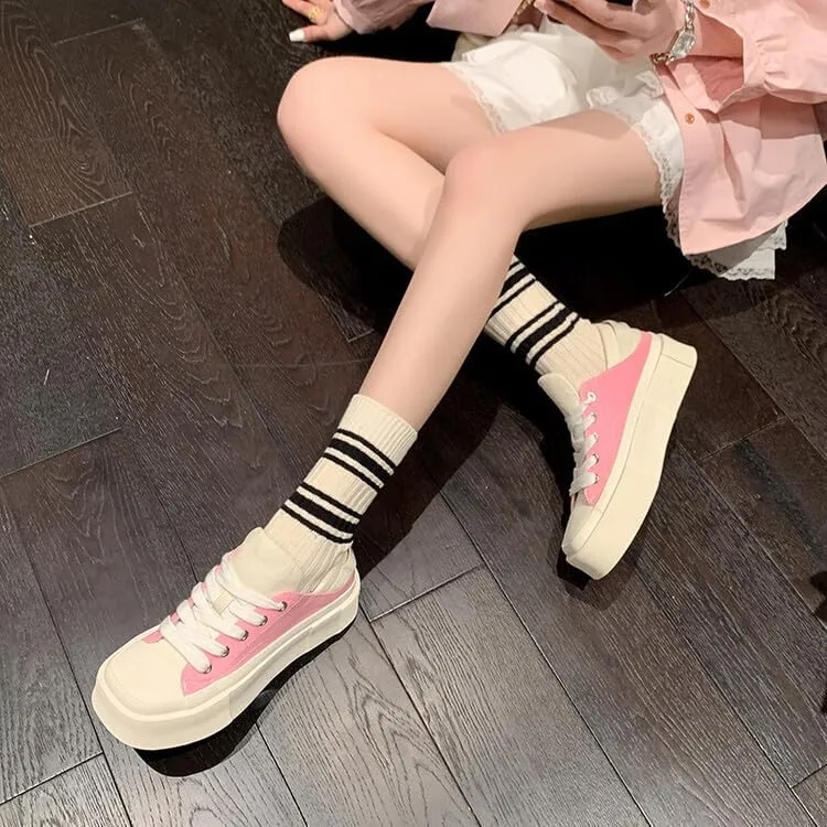 Women's Square Toe Thick Bottom Canvas Shoes Summer Casual Sports Slip On Shoes Platform Casual Sneakers
